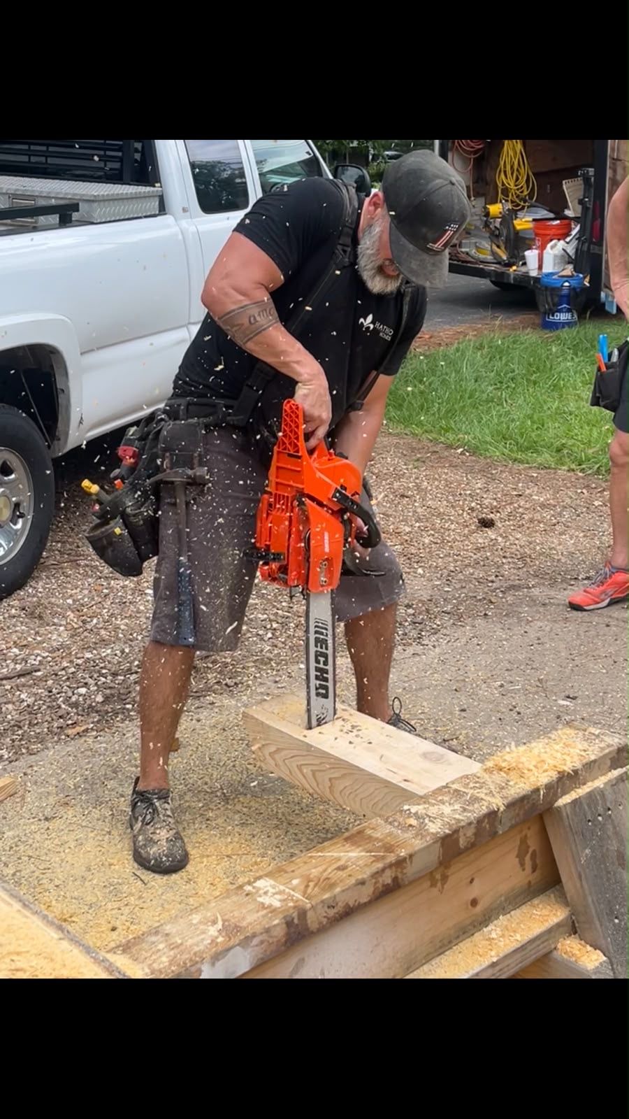 Chainsaw work on a beam
